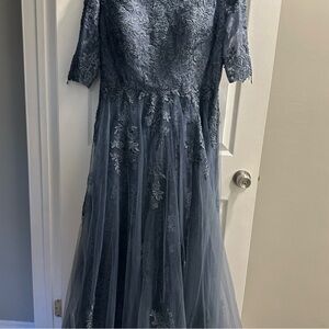 La Femme Charcoal Lace Long Sleeve Dress